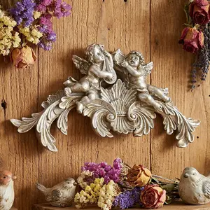 European Vintage Angel Playing Piano Wall Decor, Resin Silver Color Statue, Home Festival Wedding Party Decoration