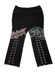 Upcycled Heavy Metal Embellished Pants - Women's Sustainable Edgy Music Apparel with Unique Embellishments, Slit Legs, Fitted Style, Hand Wash Only