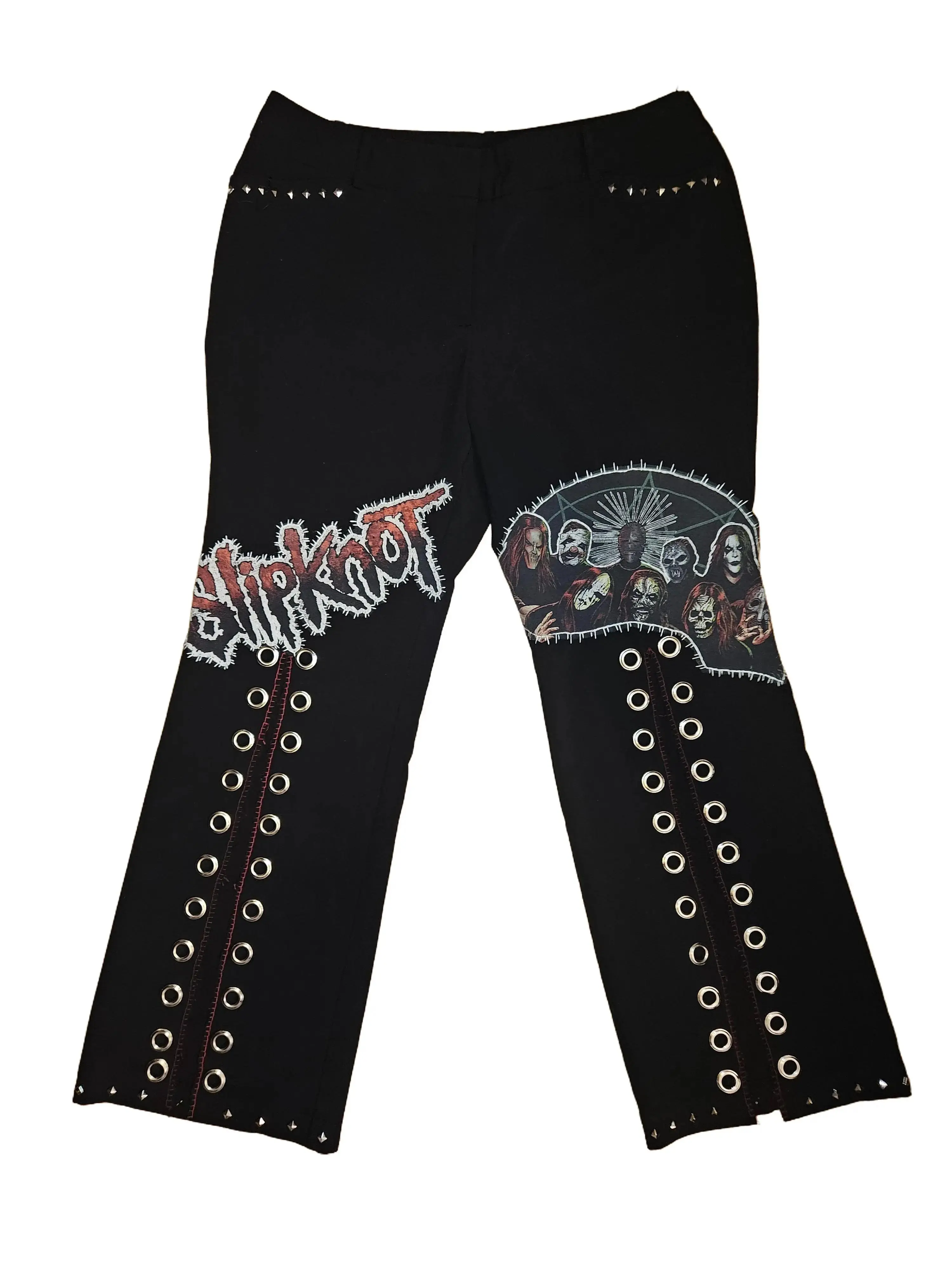 Upcycled Heavy Metal Embellished Pants - Women's Sustainable Edgy Music Apparel with Unique Embellishments, Slit Legs, Fitted Style, Hand Wash Only