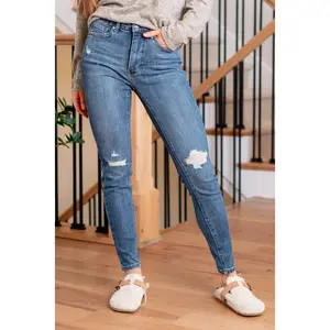 Judy Blue Mid Rise Tummy Control Distressed Slim Fit Skinny Jeans 88798, Curvy Sizes, Stretchy Cotton Comfort Denim Womenswear Bottom, Women's Destroy