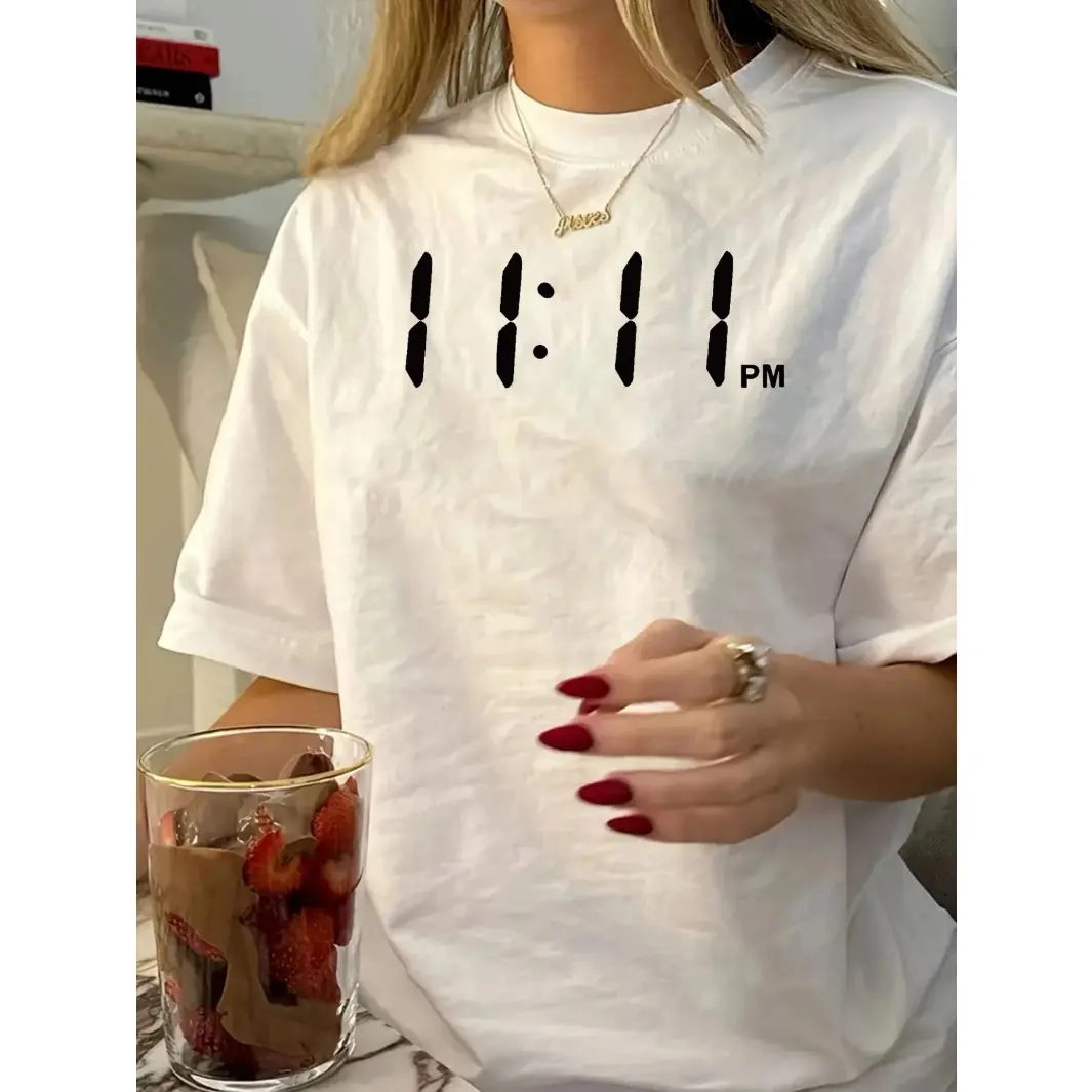 Womens White Cotton Short Sleeve Graphic T Shirt 11 11 PM Minimalist Aesthetic Tee Soft Breathable Casual Everyday Streetwear Summer Outfit Top