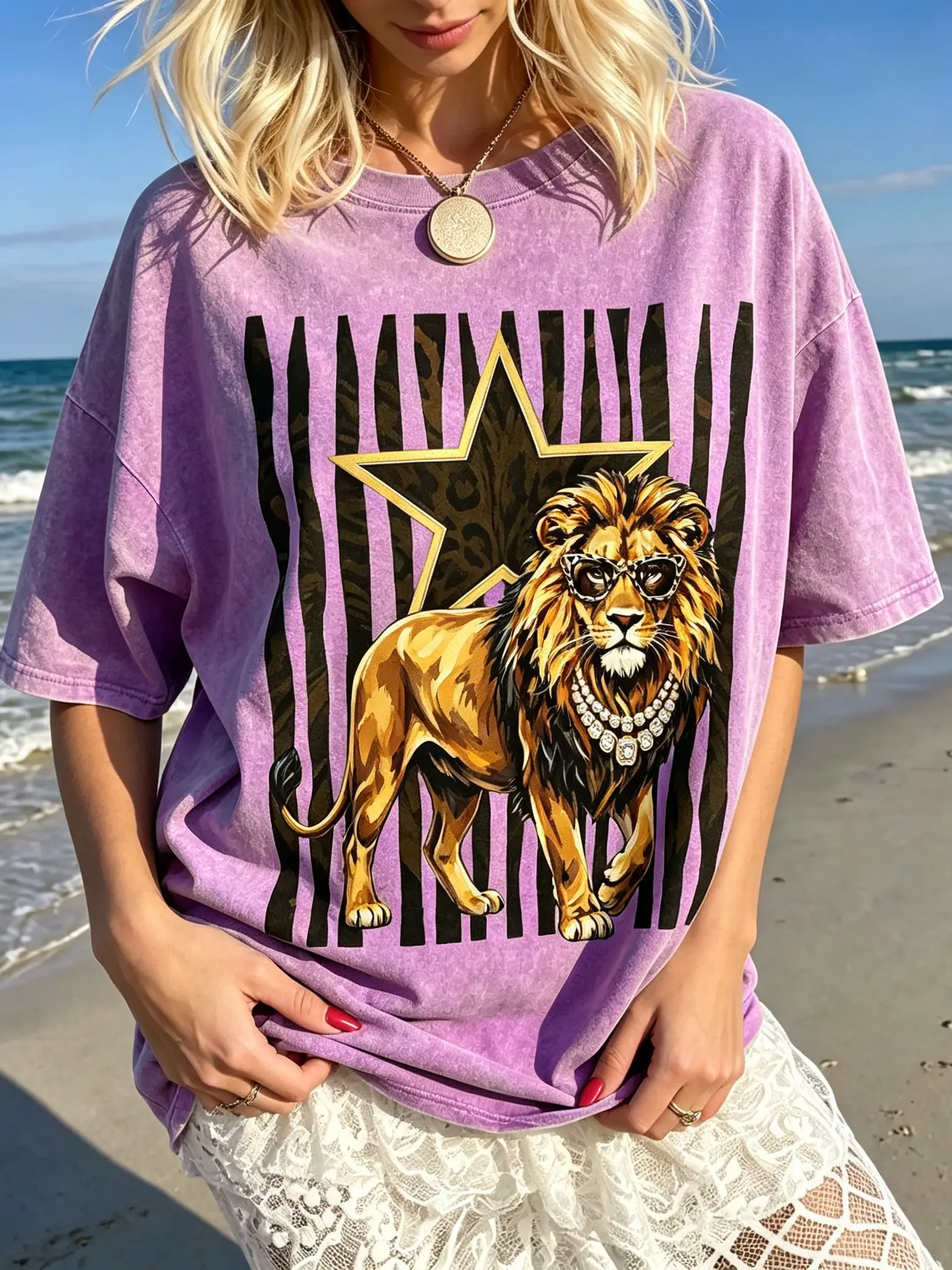 Women's Vintage Beige Acid Wash Knitted Graphic Tee - Cool Lion with Pearl Necklace, Glam Star Animal Design, Casual, Comfortable Fabric, Flattering Fit, Piece, Round Neck, Sleeve, Tshirt, T-Shirt, Lady, Loose, Soft, Top