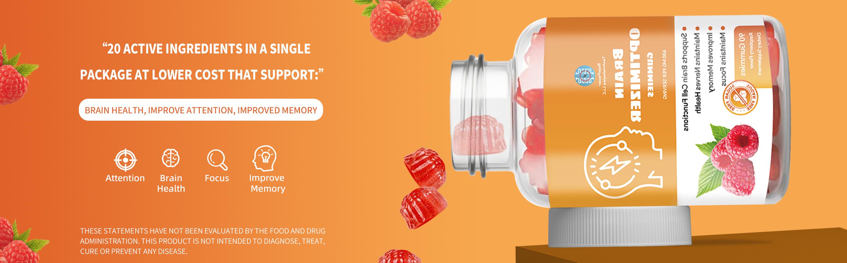 Brain Optimizer Gummies | Memory, Focus & AttentionSupport I Cognitive Health Supplement with Magnesium,Omega 3, Ashwagandha | 90 Count, Raspberry Flavor