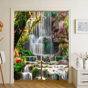 2Pcs/Set Waterfall Forest Tree Nature Flower Pattern 3D Design Light-Filtering Polyester Drapes Rod Pocket Window Curtains For Living Room Bedroom Kitchen Laundry Bathroom Door Protecting Privacy Home Decor