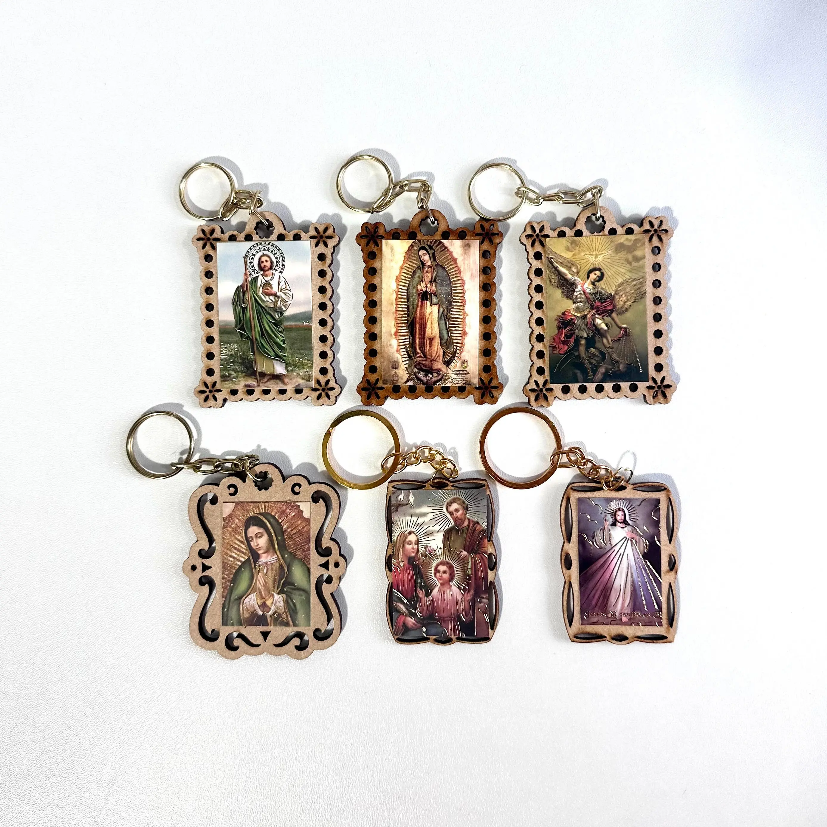Artisanal Wood Keychain Charm - Handcrafted Religious Key Tag & Key Holder for Adults, Featuring Virgen de Guadalupe, San Judas Tadeo & Archangel Michael Design Keychains