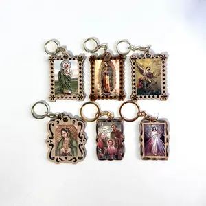 Religious Wood Keychains - Handcrafted Design- Divina Misericordia- San Judas Tadeo- Jesus, Jose y Maria- Virgen de Guadalupe- San Miguel Arcangel