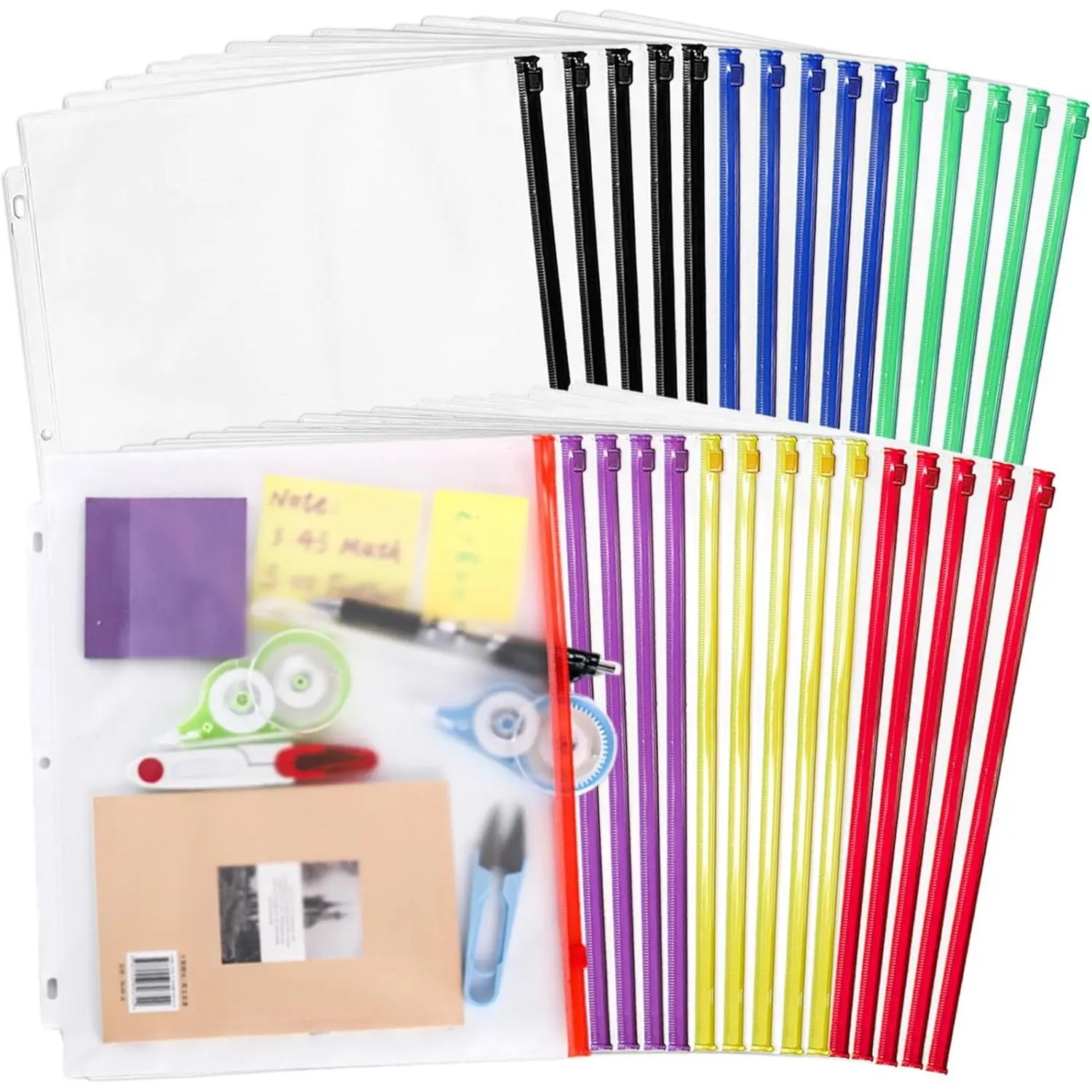 30 Pack Binder Pockets, 3 Ring Hole Binder Pouch, 11" x 9" Letter Size Binder Pockets with Zipper, PVC Loose Leaf Binder Sleeves Storage Bags for Files, Documents