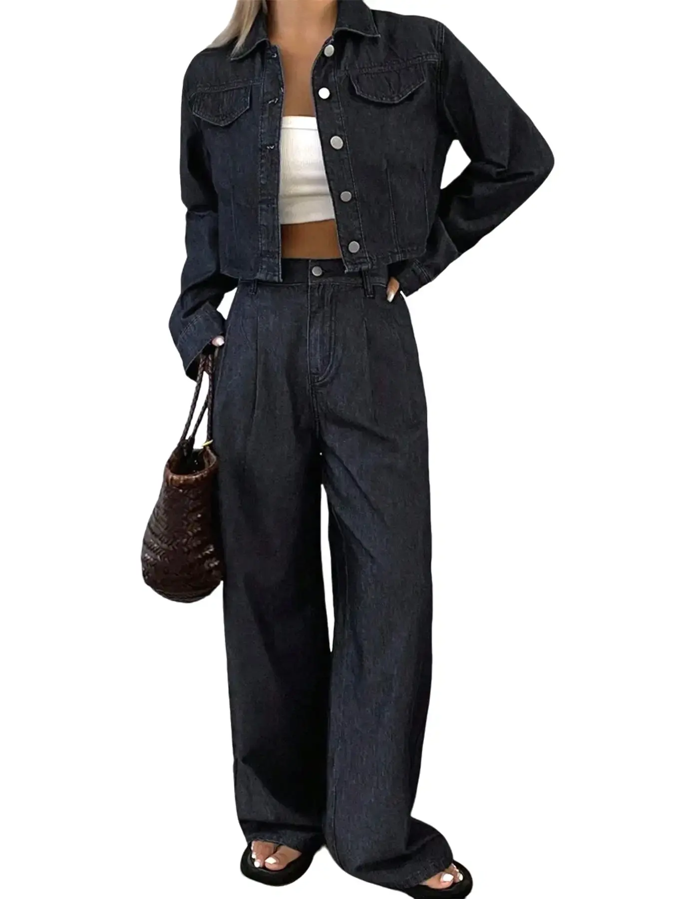 Skoinvb Women's Dark Wash Denim Two Piece Set - Cropped Long Sleeve Jacket & High Waist Wide Leg Jeans, Casual Chic Coordinated Outfit