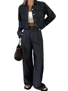 Skoinvb Women's Dark Wash Denim Two Piece Set - Cropped Long Sleeve Jacket & High Waist Wide Leg Jeans, Casual Chic Coordinated Outfit