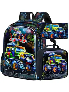 3PCS Kids Backpack for Boys, Trucks Bookbag with Lunch Box for Kids 6-8 Preschool Kindergarten Elementary