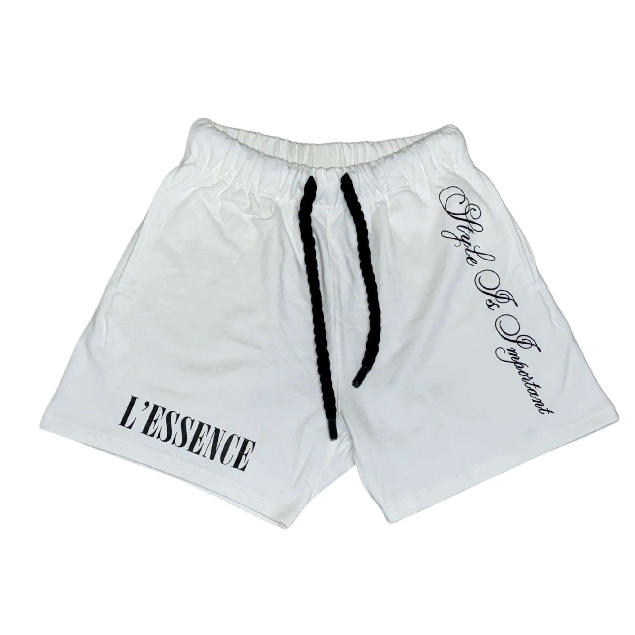 L'ESSENCE Customized White Shorts With Black Thick Drawstrings. Fabric Fashion Menswear Oversized Man Cotton Tela Activewear Tropical Athletic Sport Sportswear Sport