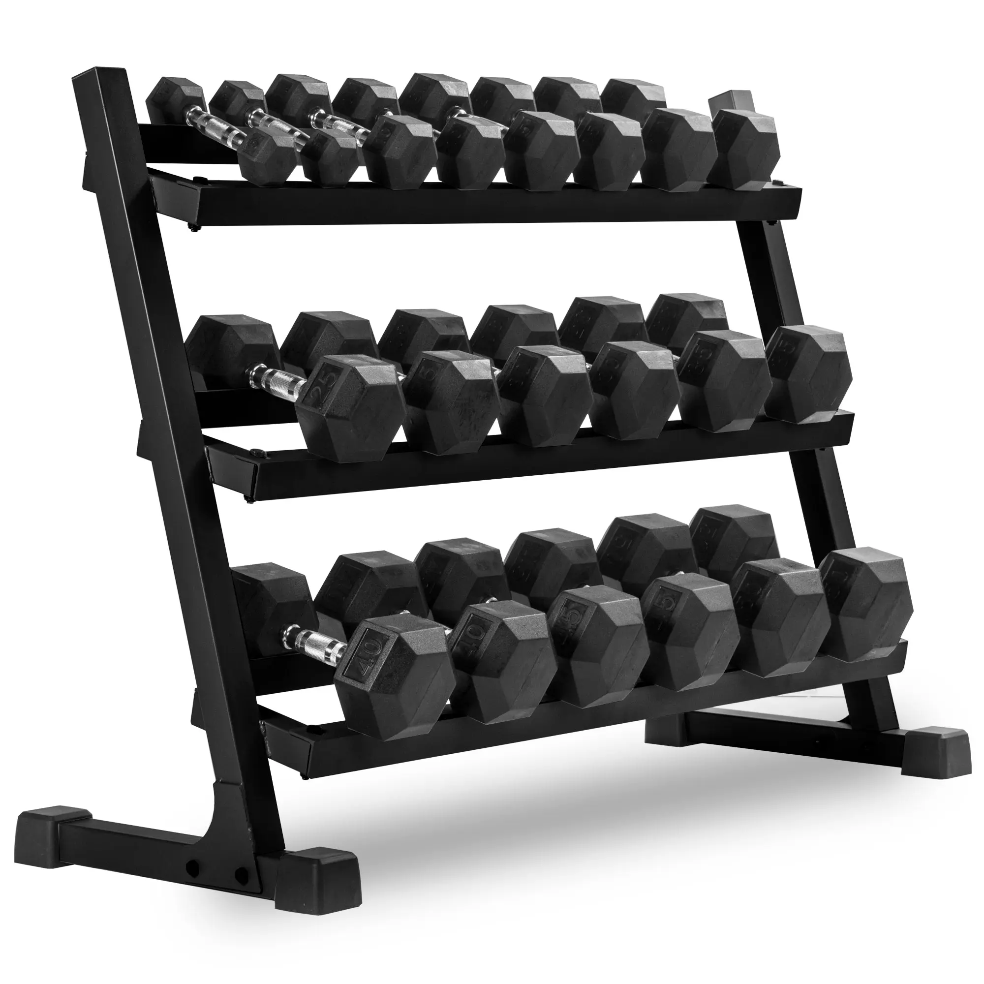 XMark 550 lb Rubber Hex Dumbbell Set + 3-Tier Rack (5–50 lb, 10 Pair)