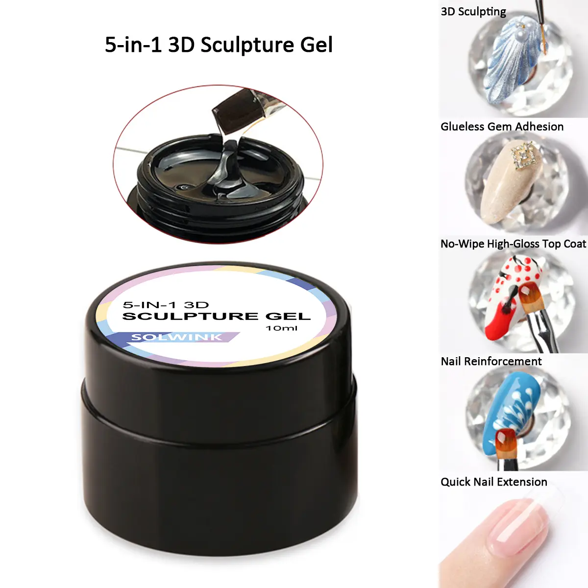 SOLWINK 10ml 5-in-1 3D Sculpture Gel Nail Polish - Glueless Gem Adhesion, No-Wipe High-Gloss Top Coat, Reinforcement, Quick Extension, Durable Cosmetic for Manicure