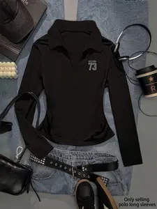 Gothic Style Women's Collared Polo Neck Long Sleeve Slim Fit Top Shirts, Womenswear, Geometric Print, Y2K Fashion, Fall & Winter Casual Wear