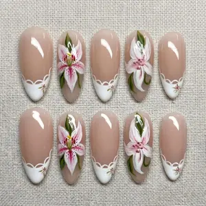 Hand-Painted Burgundy Floral Almond Press On Nails, Rhinestone Blossom Art