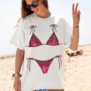 RodyThread Leopard Flame Bikini Graphic Oversized Graphic T-Shirt for Women Y2K Edgy Festival Summer Novelty White Cotton Blend Tee Hot Pink Cheetah Print String Swimsuit Illusion Print Funny Bachelorette Party Top Trendy Streetwear crewneck