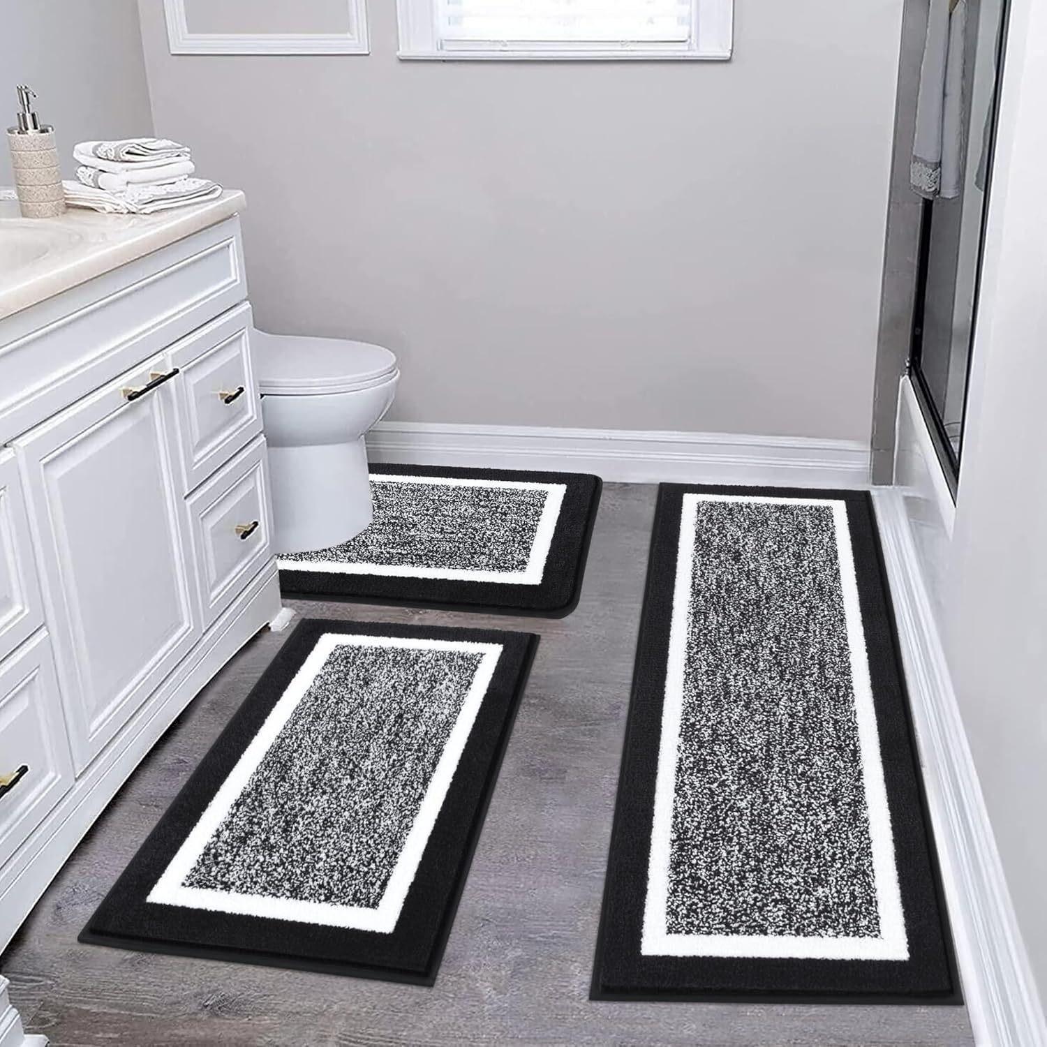 Monochrome Speckle Bath Mat Trio | Ultra-Plush 3-Piece Bathroom Rug Set with Crisp White Trim