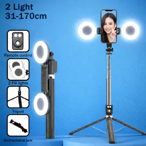 Selfie Stick Tripod With Dual Fill Lights, Detachable Wireless Remote Control Phone Tripod, New 6-In-1 Retractable Travel Tripod Accessories Portable, For Live Streaming & Video Recording Perfect For Photography, Makeup, Group Selfies Dimmable Ring with S