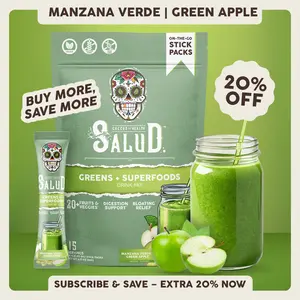 Salud 2-in-1 [Greens + Superfoods – Green Apple] Daily Greens Drink Mix,Agua Fresca,  Gut Health & Bloating Support, Probiotics & Prebiotics, Vegan, Non-GMO, Easy-to-Drink Greens Powder (15 Servings)