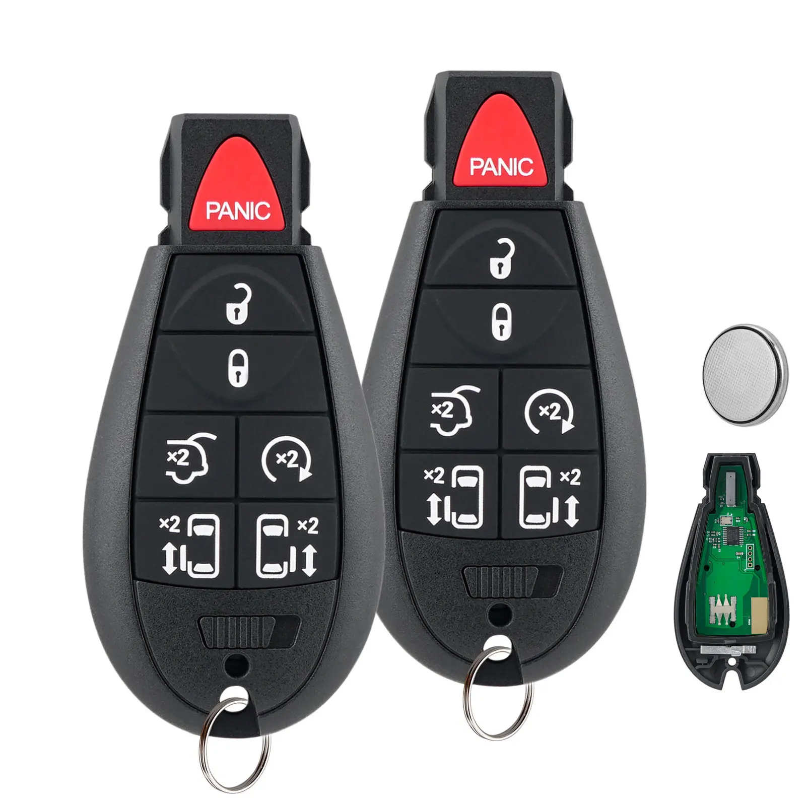 7-Button Remote Key Fob Replacements (2 Pack) with Batteries, 433MHz RF, Metal-Plastic Construction, Includes Blades, Start/Panic Function, Fits Dodge Grand Caravan/Chrysler Town and Country 2008-2020 - Requires Local Dealer or Qualified Locksmith