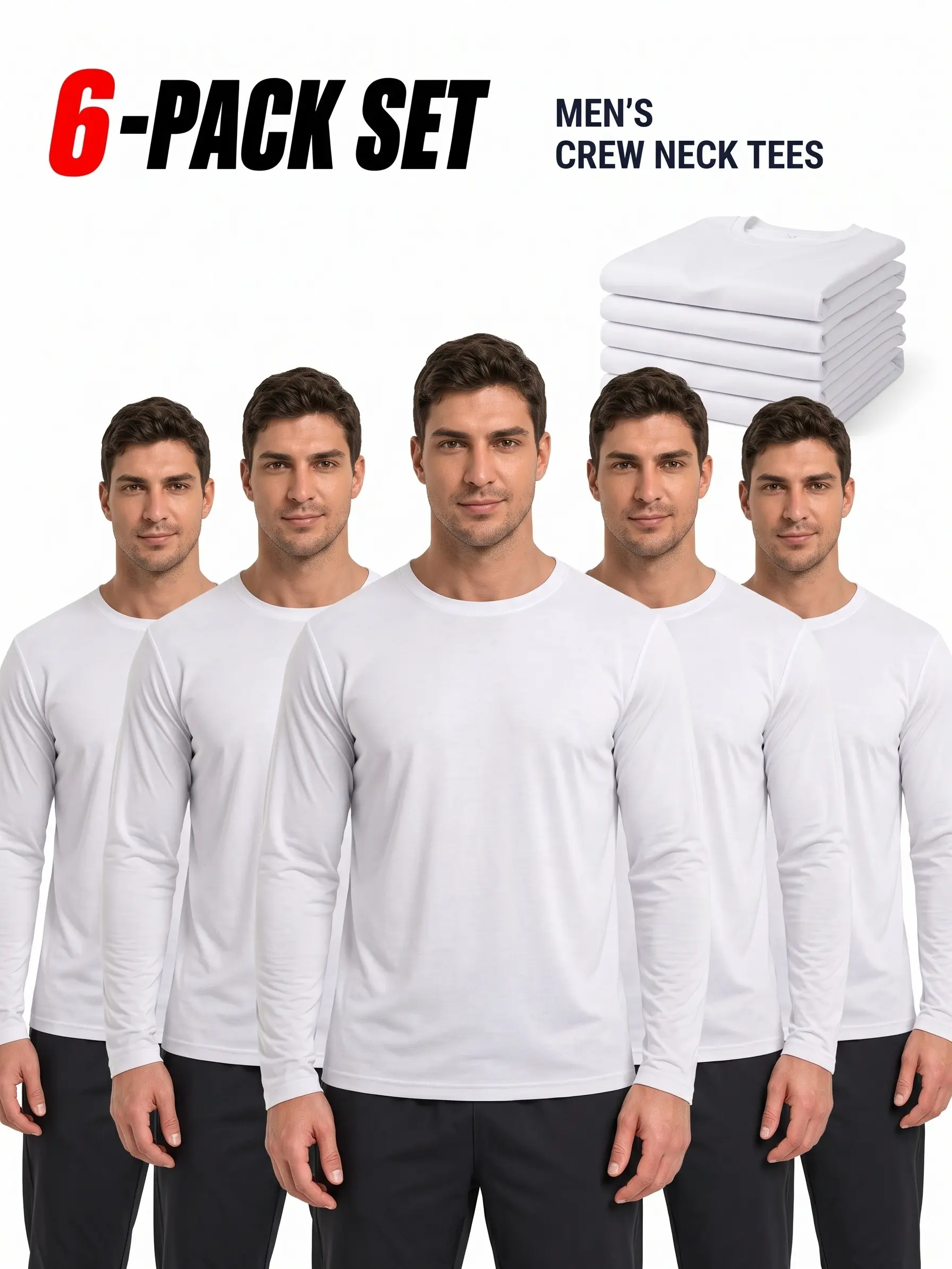 Men's Minimalist Classic 6-Pack Plain White Long Sleeve Crew Neck T-Shirts - Breathable Quick-Dry Polyester Mesh Tops, Moisture-Wick Lightweight Soft, for Fitness Gym Clothes Outdoor Undershirt, S-3XL (Big & Tall, Regular Fit, Temperature Regulation)