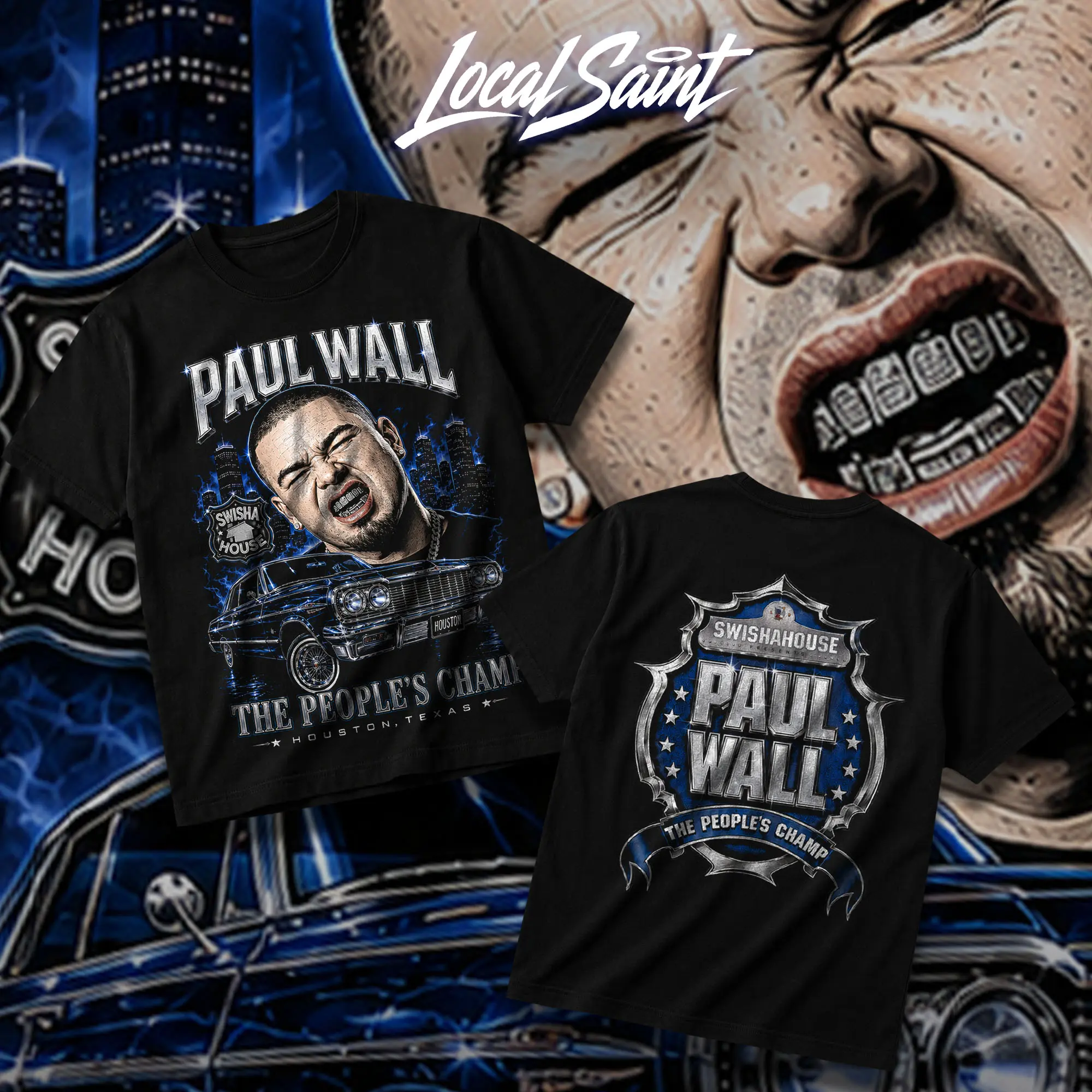 LOCALSAINT Paul Wall The People's Champ Heavy Cotton Unisex Graphic T-Shirt Hoodie Houston Rap Texas Screwed Up Click DJ Screw 713 Crewneck Tee, Vintage Streetwear Graphic T-Shirt Direct To Garment Breathable Print
