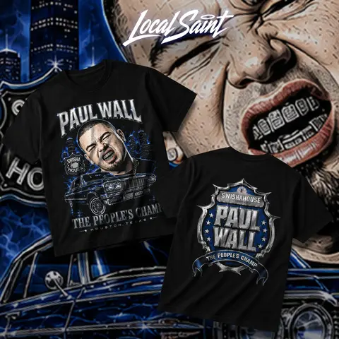 LOCALSAINT Paul Wall The People's Champ Heavy Cotton Unisex Graphic T-Shirt Hoodie Houston Rap Texas Screwed Up Click DJ Screw 713 Crewneck Tee, Vintage Streetwear Graphic T-Shirt Direct To Garment Breathable Print