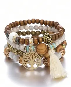 4Pcs Charm Beaded Bracelet Set - Wooden Boho Design with Tree of Life Charm & Tassel - Elegant & Comfortable Bohemian Jewelry for Women