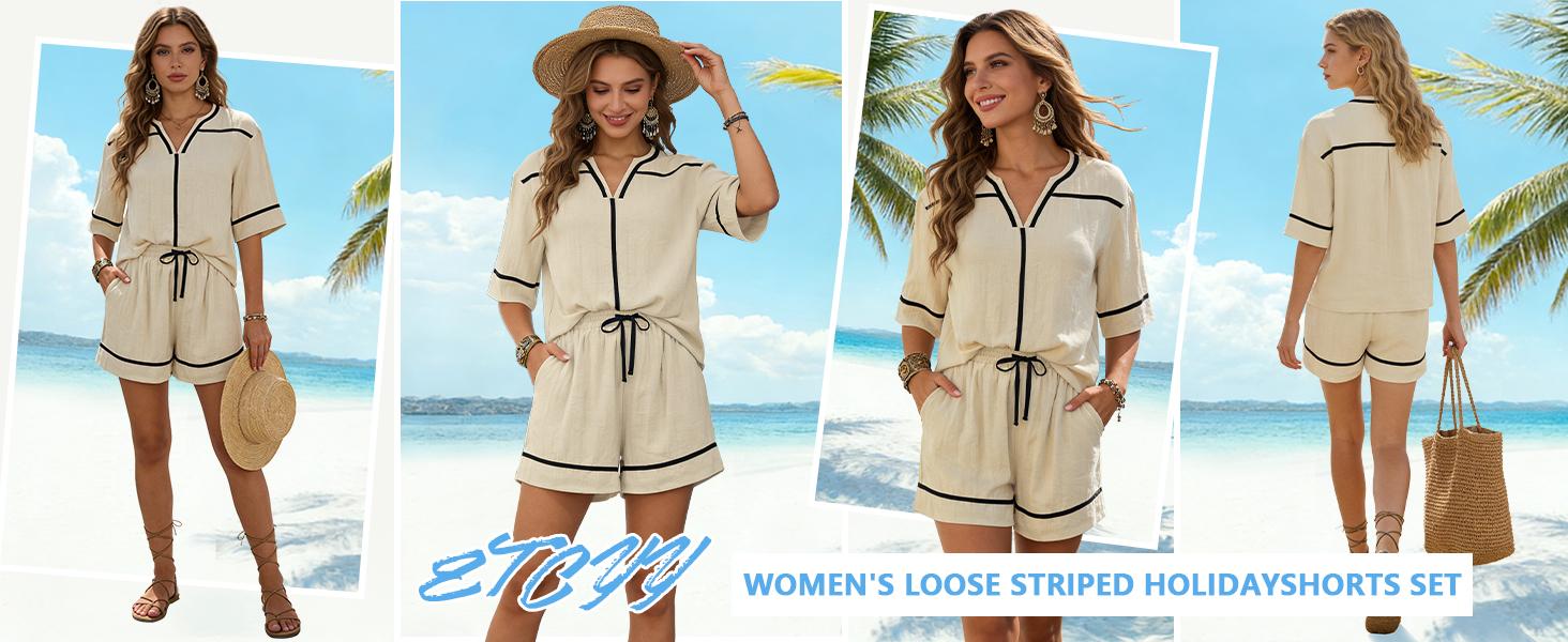 ETCYY Womens 2 piece sets Summer Lounge Set - Casual Linen Blend Short Sleeve V Neck Shirt & High Waisted Shorts Outfit - Breathable Soft Vacation Beachwear Tracksuit,matching sets for women,