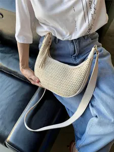Straw Bag Women Summer Beach Vacation Shoulder Bag French Vintage Aesthetic Half Moon Underarm Purse Woven Tote Boho Chic Handbag Casual Crossbody Bag Crossbody Hobo Bags 2026 Fashion Trend Luxury Style Dumpling Bag Small Travel Purses