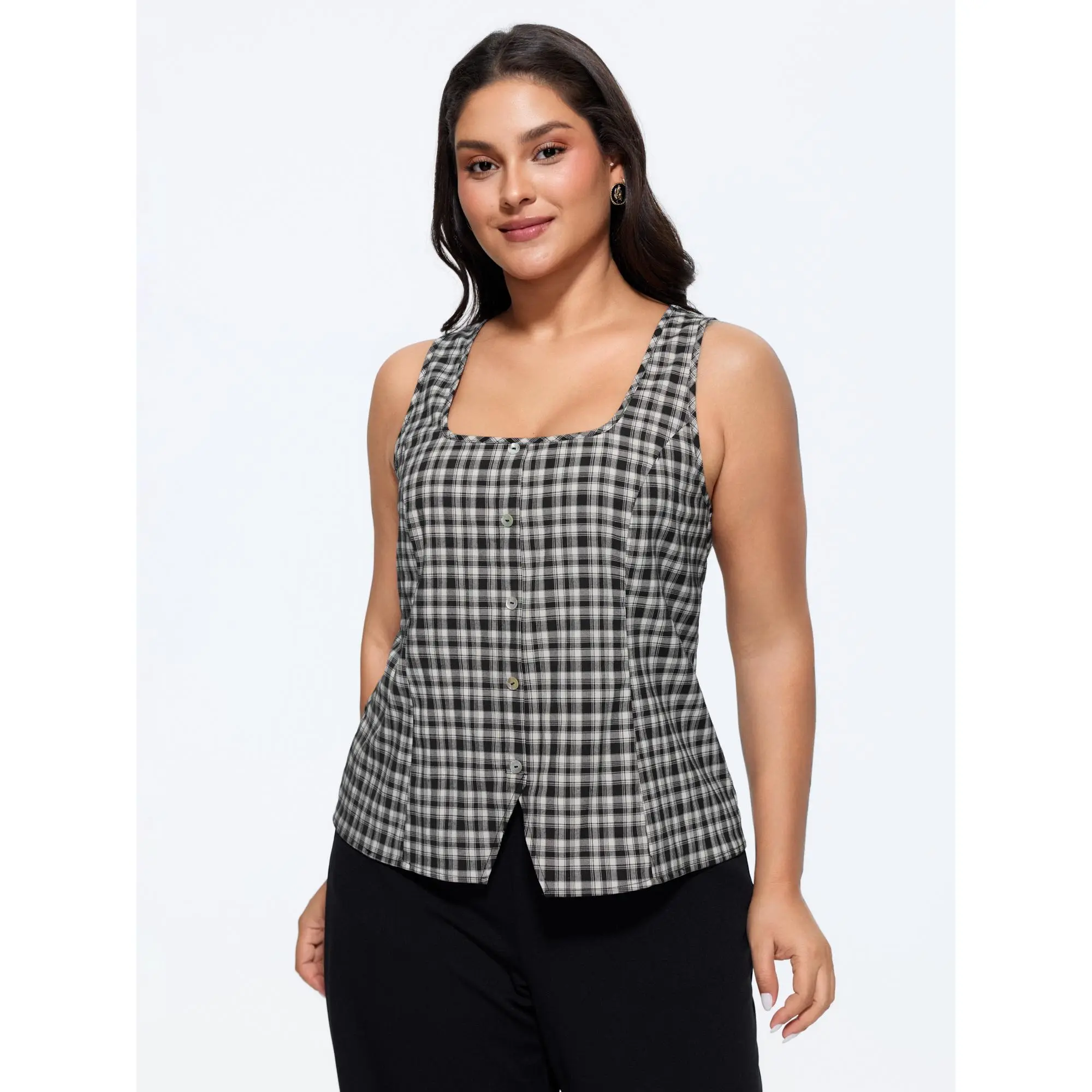 BloomChic Women's Plus Size Sleeveless Romantic Plaid Waist-Tie Cropped Tank Top - Smooth Fabric Garment, Button-Front, Low Iron Summer Top for Curvy Figures, Romance, Curves, Fit, Crop Tops For Women
