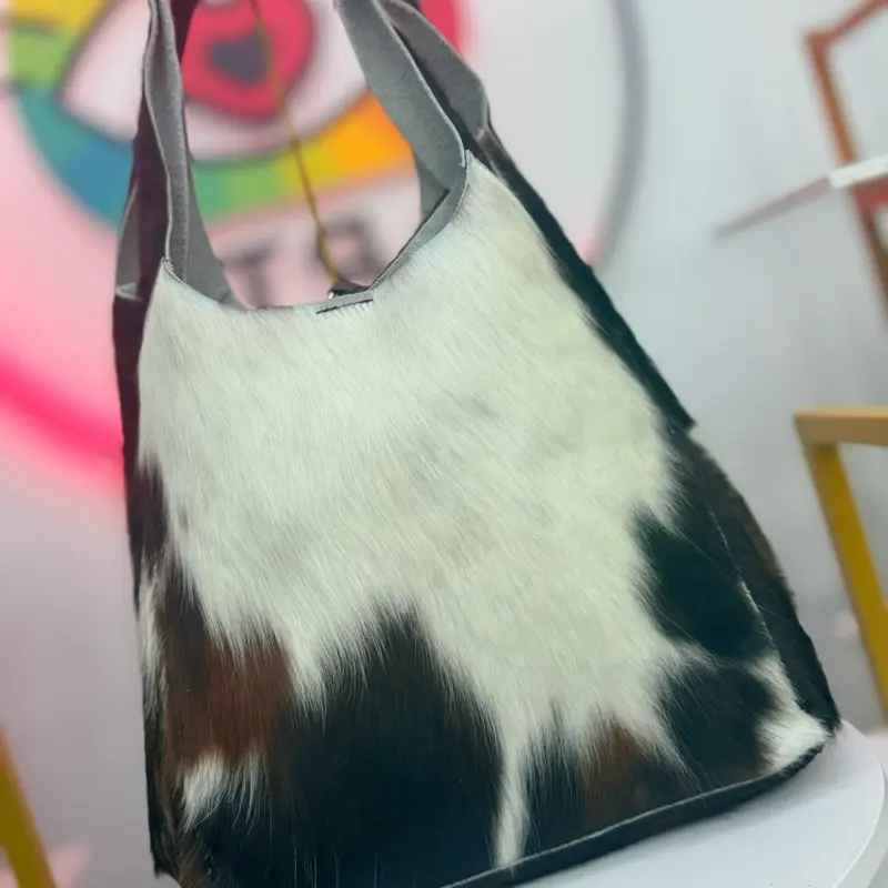 Cow Print Genuine Leather Tote Bag – Black & White Hair-On Hide Shoulder Bag