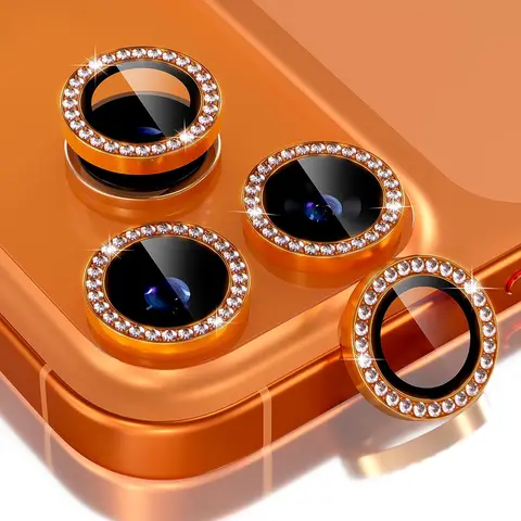 9H Bling Tempered Glass Camera Lens Cover with Metal Ring Decoration - Durable Phone Accessories for iPhone 17 Series (Air, Pro, Pro/Max Fit) with Protection, Diamond-Orange Father's Day Gift toolupgrade