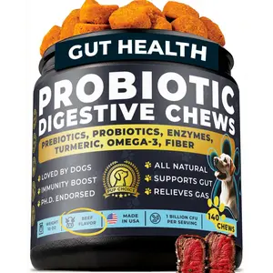 Chewable Dog Probiotics – All-in-One PhD-Endorsed Digestive Enzymes, Prebiotics, Turmeric, Omega-3 & Fiber – Gut, Diarrhea, Itchy Skin & Ear Support – All Ages, Made in USA, 140 Beef Chews