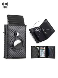 Anti Theft Mens Wallet Credit Card Holder Smart Wallets for Apple Air Tag RFID Blocking Bifold Slim Carbon Fiber AirTag Brown Walet for Men Wallet for Airtag Tracker, Gift for Men, Husband