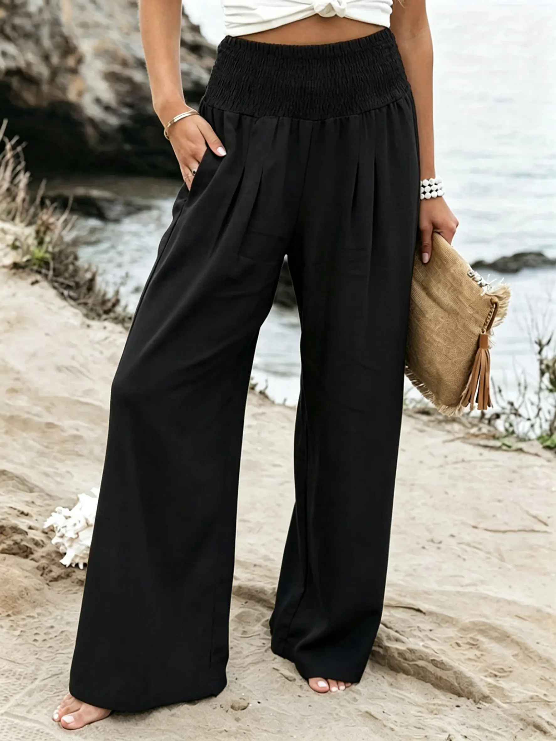 Plus Size Women's Smocked High Waist Wide Leg Pants, Casual Loose Flowy Palazzo Pants with Pockets, Summer Linen-Feel Beach Trousers