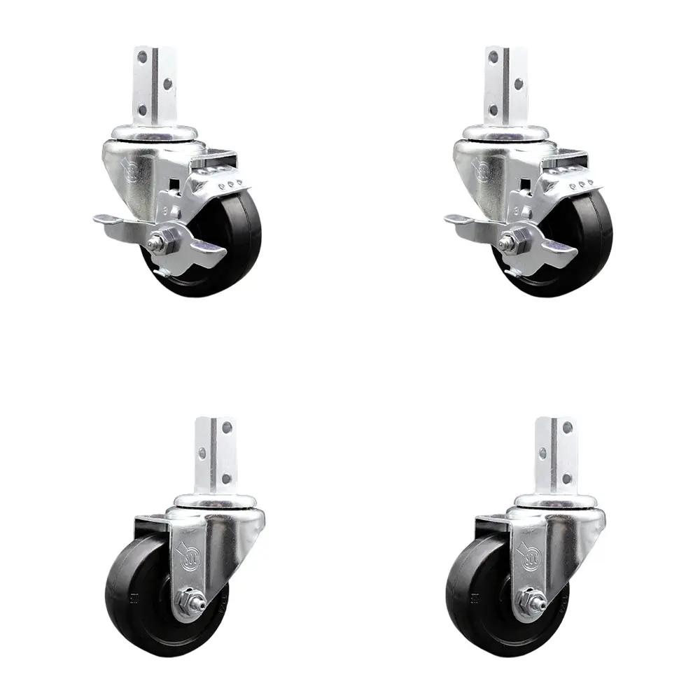 Service Caster SCC-SQ20S314-SRS-TLB-34-2-S-2 Lockable Swivel Square Stem Caster Set of 4, 3x1.25 in. Black Soft Rubber Furniture Moving Wheels, 0.75x2 in. Stem Mounted, 3x0.26 in. Mounting Holes, 2 Top Lock Brakes, 700 lbs Capacity