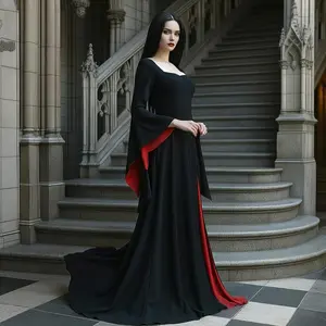 Black & Red Gothic Witch Dress: Crimson Bat Flared Sleeve, Long Floor Train, Women Halloween Costume 2025 in Medieval Vampire Style