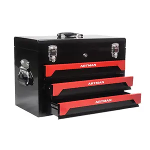 19.69*10.63*13.86 Inch 3-Drawer Steel Tool Box Powder Coated Ball Bearing Slides 15KG Capacity Key Lock Side Pull Handle Portable Metal Tool Storage Cabinet Black Red