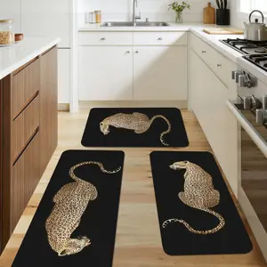 1/2/3pc Black Background Animal Theme Leopard Pattern Long Runner  Flannel Mat, Suitable for Kitchen, Bathroom Entrance, Laundry Room Decoration