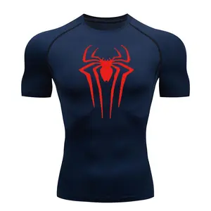 Spider Print Compression Shirts for Men Summer Short Sleeve Rash Guard Gym Workout Tshirt Athletic Quick Dry Undershirts Tops
