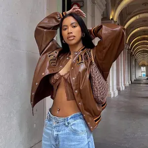 “Empire State Of Mind” Women’s Oversized Long Sleeve Faux Leather Letter Jacket