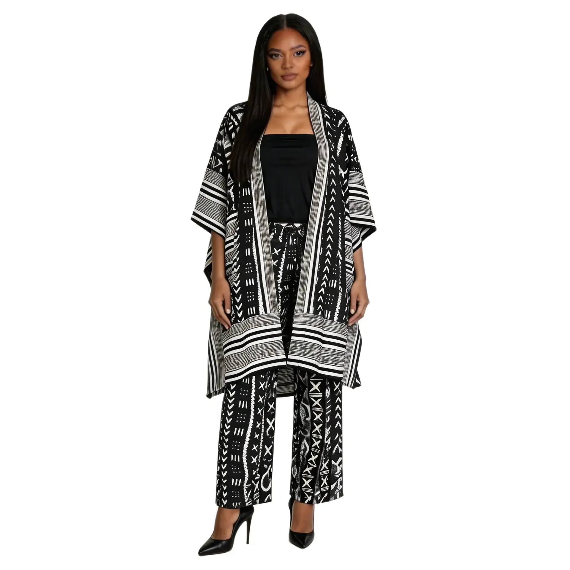 Ankara Kimono & Pants Set with Aso Oke Accent | African Print Two-Piece Outfit with Pockets