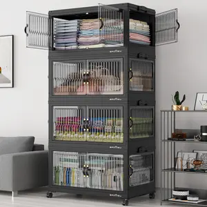 Broview 360Qt/480Qt/600Qt Stackable Storage Bins with 4x Lids, Each 120Qt Stackable Storage Bin,Front and Side Open Doors, Collapsible Closet Organizer and Storage Cabinet, Plastic Folding Box with Wheel Drawer for Home Office Dorm