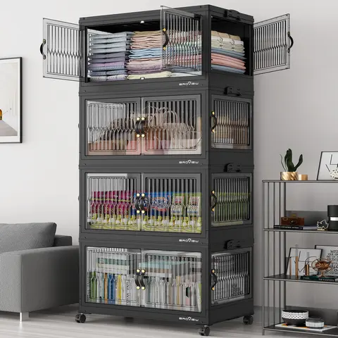 Broview Stackable Multilayer Storage Bins - 360Qt/480Qt/600Qt (120Qt Each), 4 Lids, Transport Wheels, Eco-Friendly Collapsible Plastic Bins with Front & Side Doors, Sturdy Storage Organization for Kitchen Pantry, Beauty Space