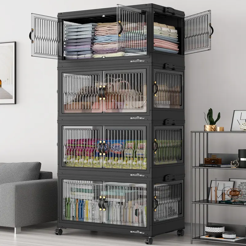 Broview Stackable Multilayer Storage Bins - 360Qt/480Qt/600Qt (120Qt Each), 4 Lids, Transport Wheels, Eco-Friendly Collapsible Plastic Bins with Front & Side Doors, Sturdy Storage Organization for Kitchen Pantry, Beauty Space
