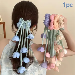 1 Piece Lily of the Valley and Tulip Flower Hairband with Dangling Ribbon Decoration, Bowknot Design, High Elasticity Hair Accessory, Pretty Bow