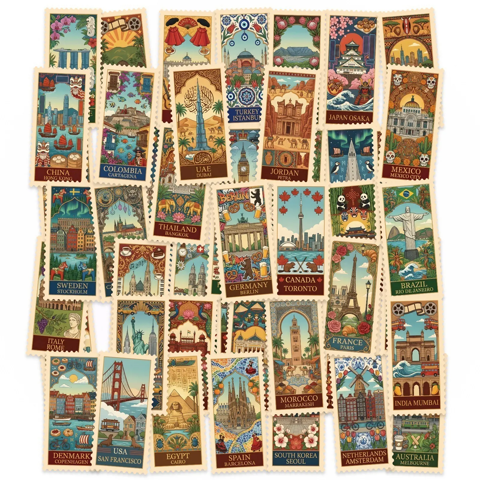 50 Vintage Landmark Stickers of Famous Cities, Perfect for Scrapbooking and Journals, Positive Messages for Inspirational Gifts