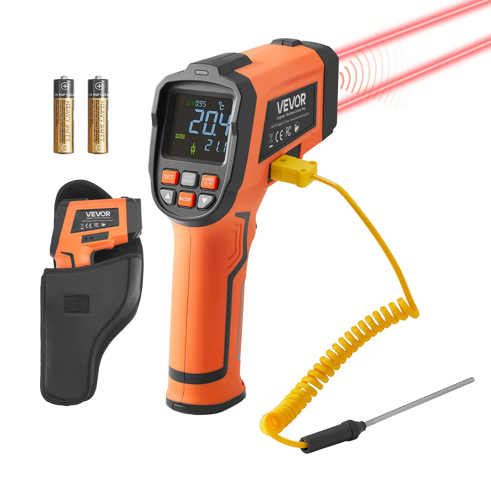 VEVOR Infrared Thermometer, -22℉ to 2192℉ Dual-Mode IR Thermometer Gun with K-Type Thermocouple, Dual Laser Heat Temperature Gun Non-Contact for Cooking/Griddle/Engine/Industrial Use (Not for Human)