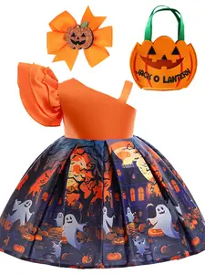 (Dress + all accessories)Halloween Pumpkin Print Cartoon Dress Performance Costume Children's Princess Dress